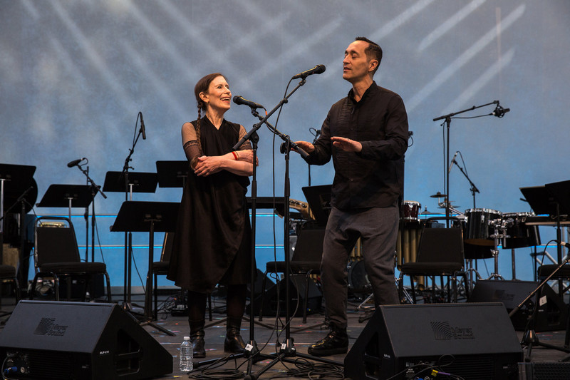 Meredith Monk and Theo Bleckmann, at the Bang on a Can Marathon in 2014.